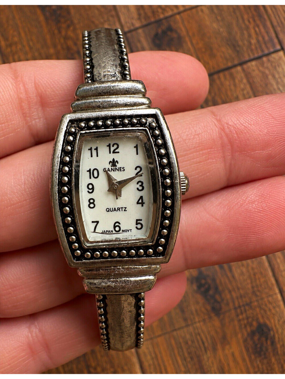 Vintage Women’s Quartz Analog Silver Tone Bangle Watch White Dial Arabic Rect